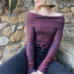ZARA Tik Tok Viral Red Metallic Off-The-Shoulder Foil Knit Stretchy Knit Top